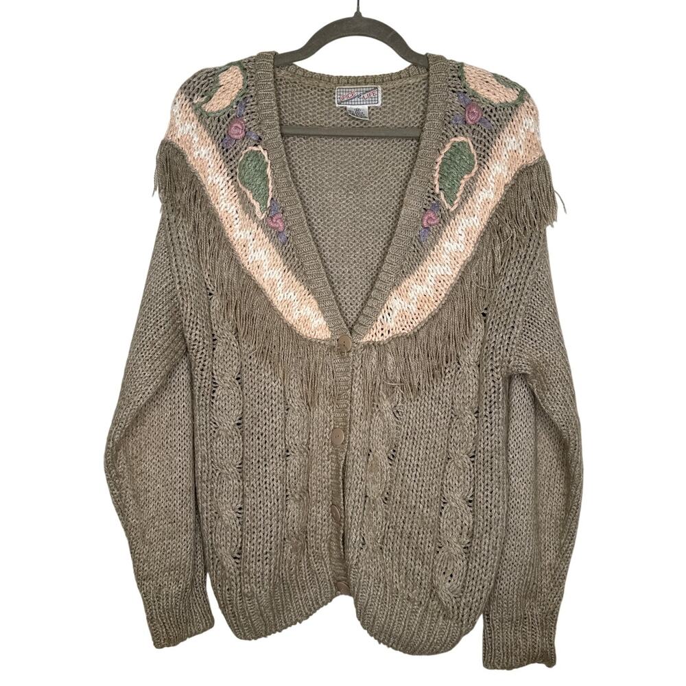 1990s Spice Of Life Fringe Ramie Cardigan Boho Western Medium